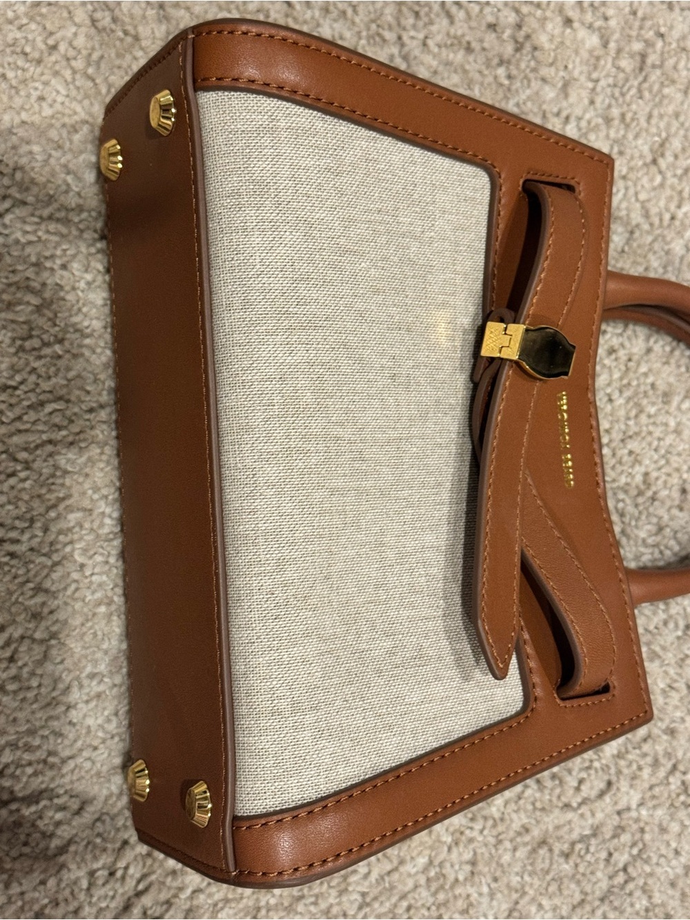 Veronica Beard Tan Leather & Cream Canvas Satchel with Gold Accent - Picture 10 of 10